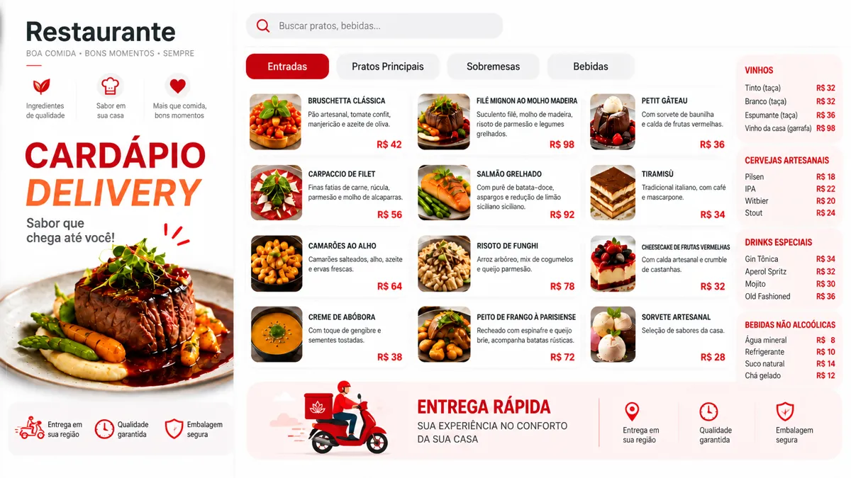 Exemplo de cardápio digital de um restaurante, com categorias, pratos, preços e entrega rápida