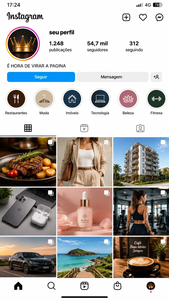 Mockup de perfil do Instagram com posts do Pack de artes